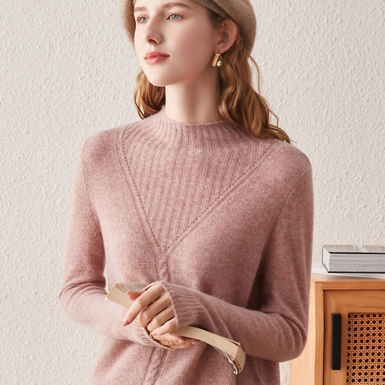 COMOBOCA ROSY 100% Cashmere Mock Neck Ribbed Knit Sweater