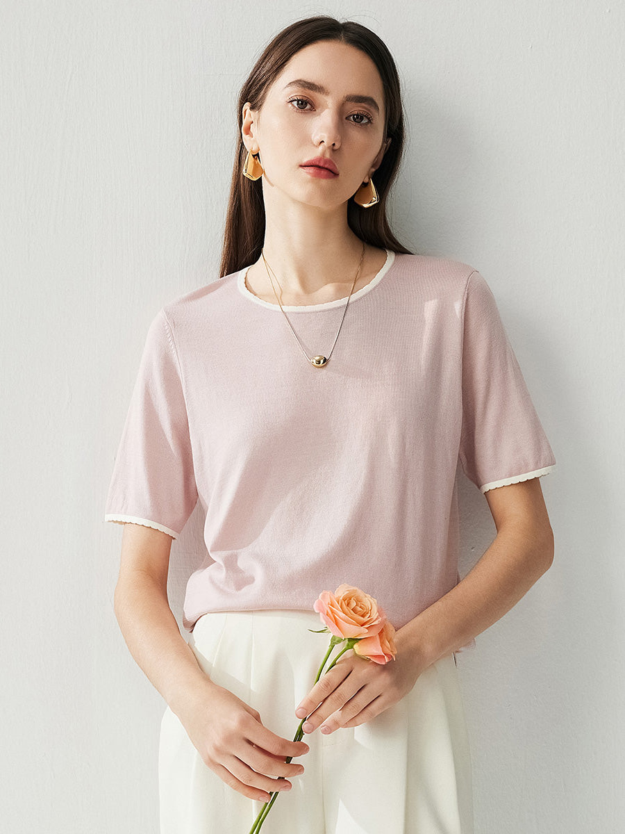 COMOBOCA Women's Contrast Trim Knit T-Shirt