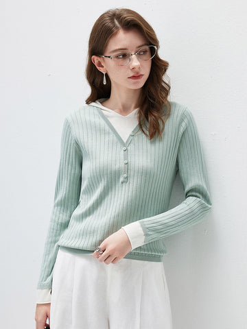COMOBOCA Moonlight Green Women's Layered Ribbed Knit Hooded Henley Top