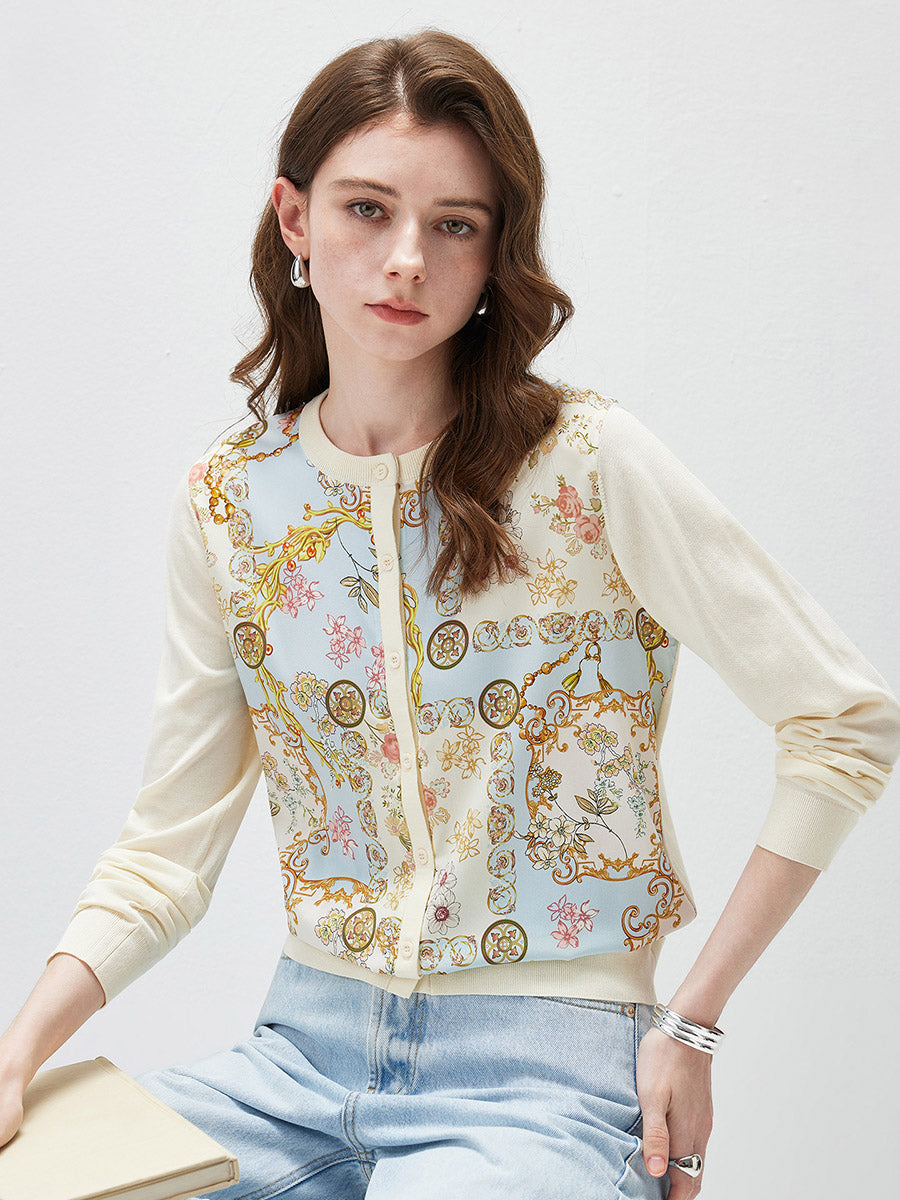 COMOBOCA Women's Printed Panel Knit Cardigan