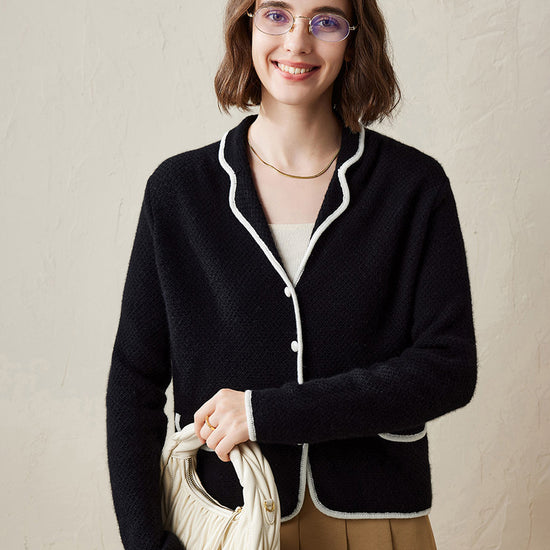 COMOBOCA 100% Cashmere Women's Contrast Trim Knit Cardigan