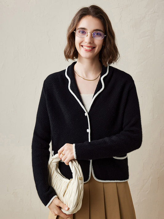 COMOBOCA 100% Cashmere Women's Contrast Trim Knit Cardigan