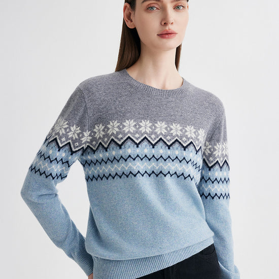 COMOBOCA 100% Cashmere Women's Fair Isle Round Neck Knit Sweater