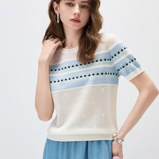 COMOBOCA Women's Fair Isle Striped Knit Top