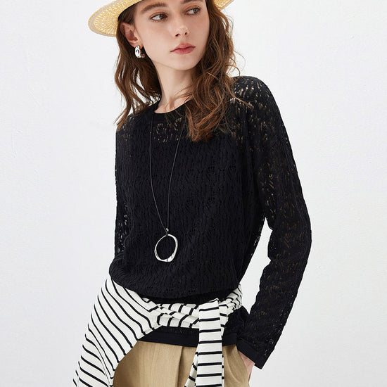 COMOBOCA Women's Openwork Round Neck Knit Sweater