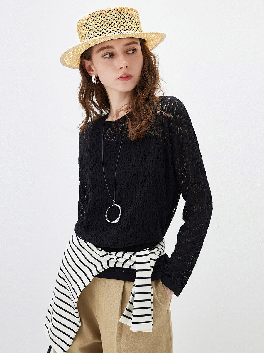 COMOBOCA Women's Openwork Round Neck Knit Sweater