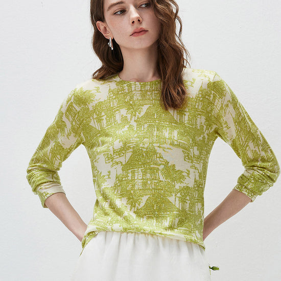 COMOBOCA Bright Green Women's Cityscape Print Knit Sweater