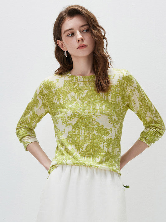 COMOBOCA Bright Green Women's Cityscape Print Knit Sweater