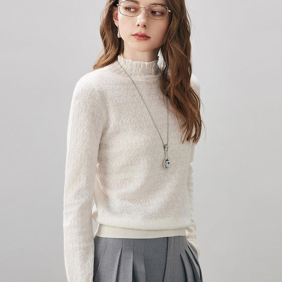 COMOBOCA 100% Wool Women's Ruffled Mock Neck Knit Sweater