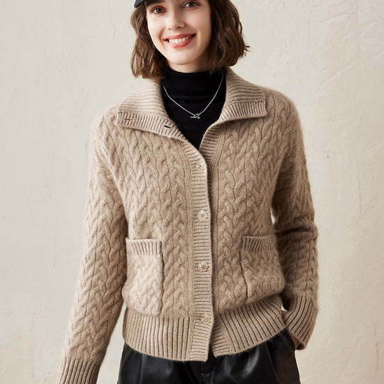 COMOBOCA Camel 100% Cashmere Women's Cable Knit Pocket Cardigan