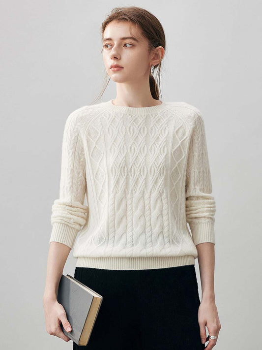 COMOBOCA White 100% Cashmere Women's Cable Knit Round Neck Sweater