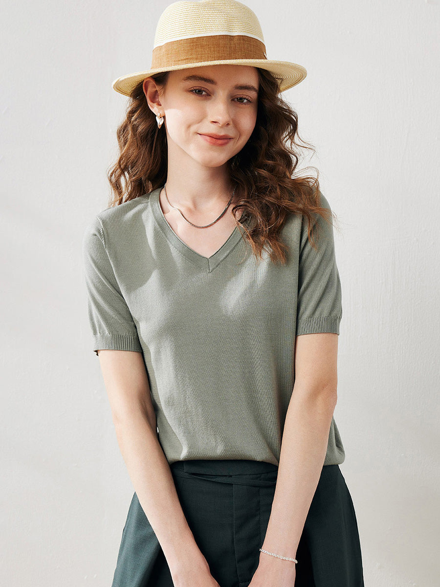 COMOBOCA Light Green Women's Lyocell V-Neck Ribbed Knit T-Shirt