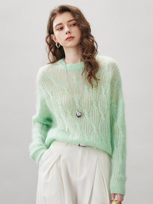 COMOBOCA Women's Mohair Cable Knit Round Neck Sweater