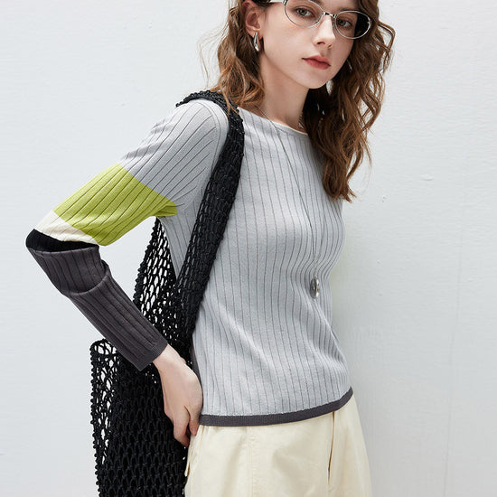 COMOBOCA Women's Ribbed Color Block Round Neck Knit Sweater