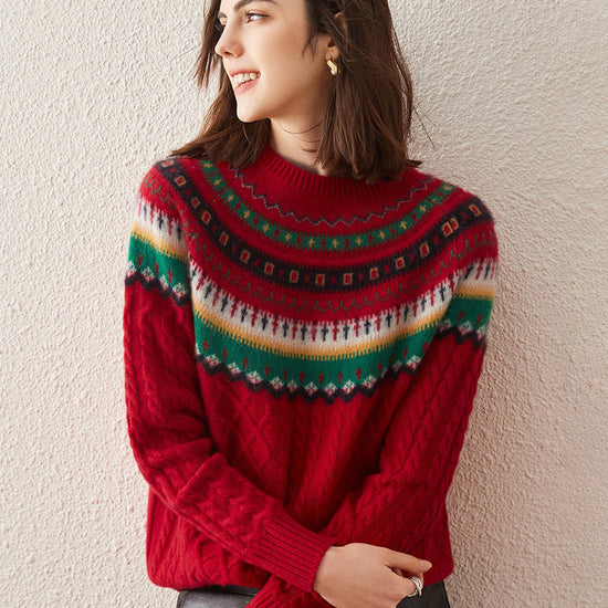 COMOBOCA Red 100% Cashmere Women's Fair Isle Sweater