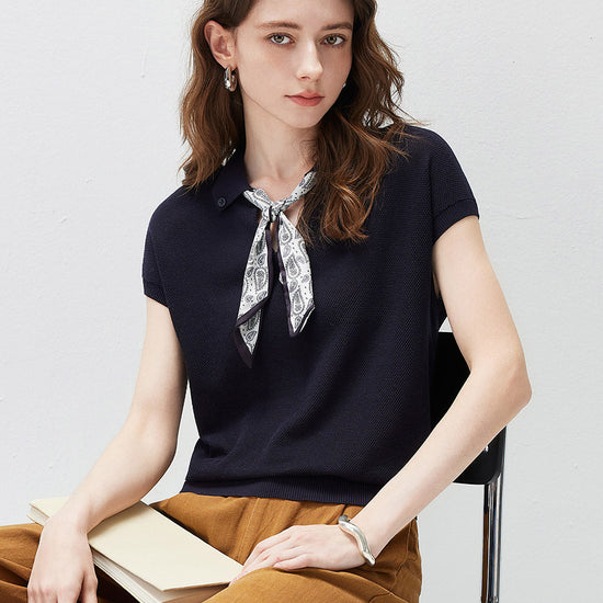 COMOBOCA Women's Paisley Scarf Polo Collar Waffle Knit T-Shirt