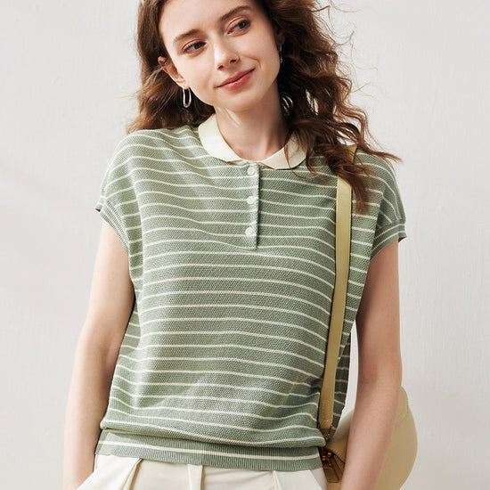 COMOBOCA Women's Cotton Silk Striped Knit Polo Shirt