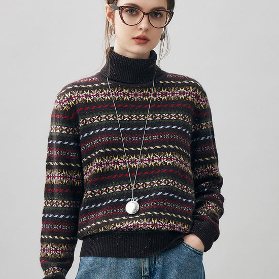 COMOBOCA Fair Isle 100% Cashmere Women's Fair Isle Turtleneck Sweater