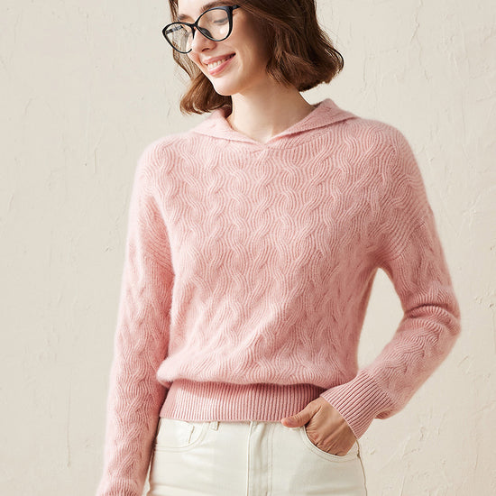 COMOBOCA Pink 100% Cashmere Women's Cable Knit Hooded Sweater