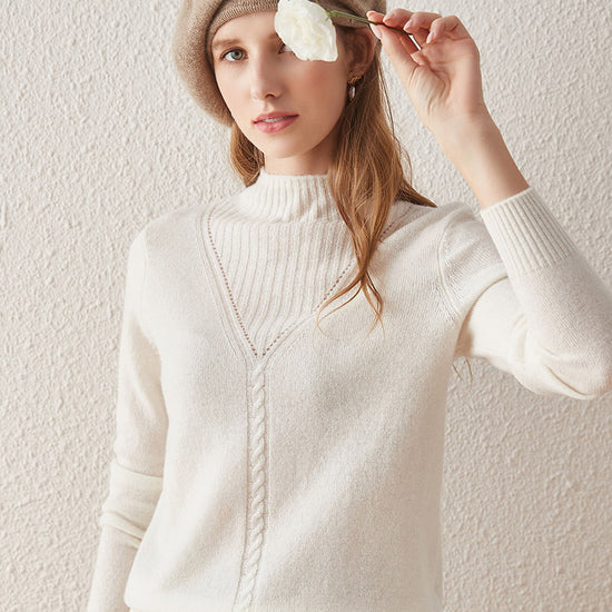 COMOBOCA 100% Cashmere Mock Neck Ribbed Knit Sweater