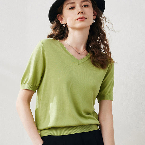 COMOBOCA Bright Green Women's V-Neck Knit T-Shirt