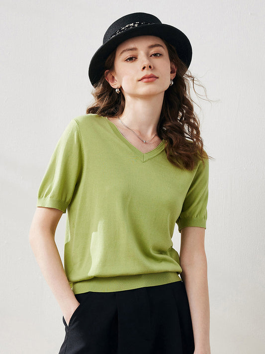 COMOBOCA Bright Green Women's V-Neck Knit T-Shirt