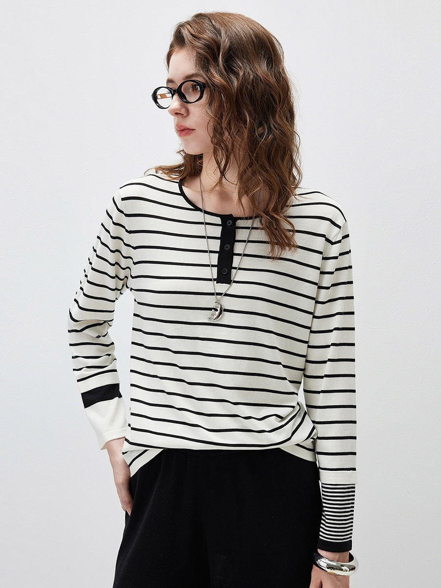 COMOBOCA Women's Stripe Henley Round Neck Sweater