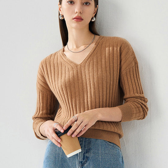 COMOBOCA 100% Cashmere Women's Cozy Ribbed V-Neck Sweater
