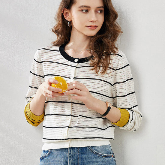 COMOBOCA Women's Striped Ribbed Button Down Cardigan