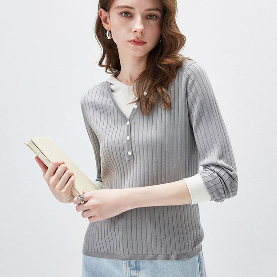 COMOBOCA Women's Layered Ribbed Knit Hooded Henley Top