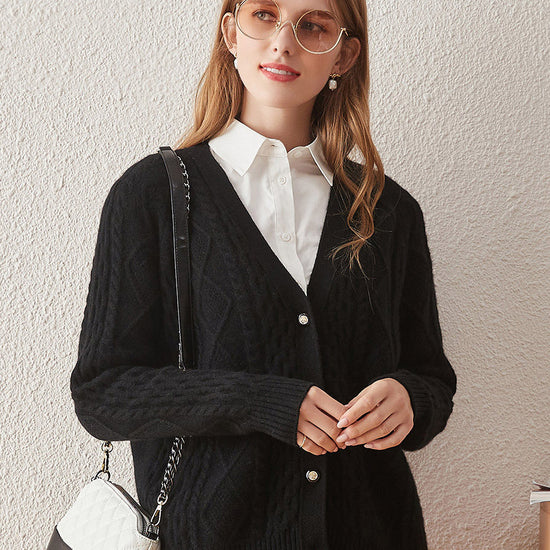 COMOBOCA Black 100% Cashmere Women's V-Neck Cable Knit Cardigan
