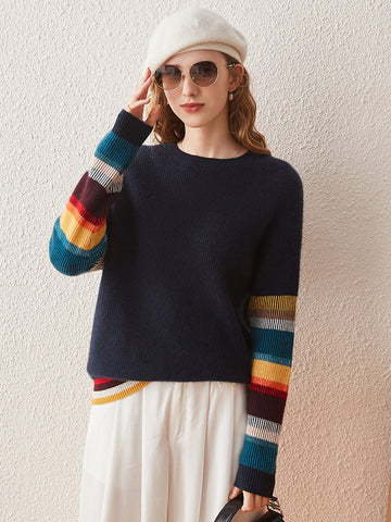 COMOBOCA Striped 100% Cashmere Women's Striped Round Neck Sweater