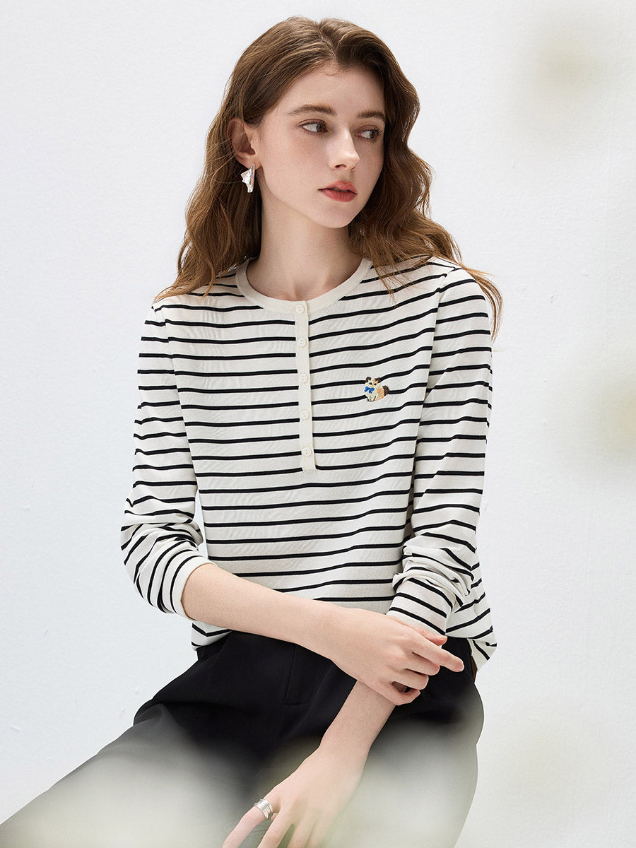 COMOBOCA Women's Striped Henley Button Knit Sweater
