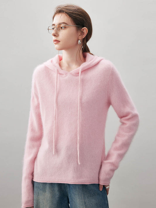 COMOBOCA Pink Women's Wool Fuzzy Hooded Sweater