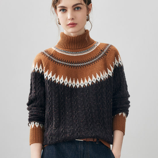 COMOBOCA Fair Isle 100% Cashmere Women's Cable Fair Isle Turtleneck Sweater