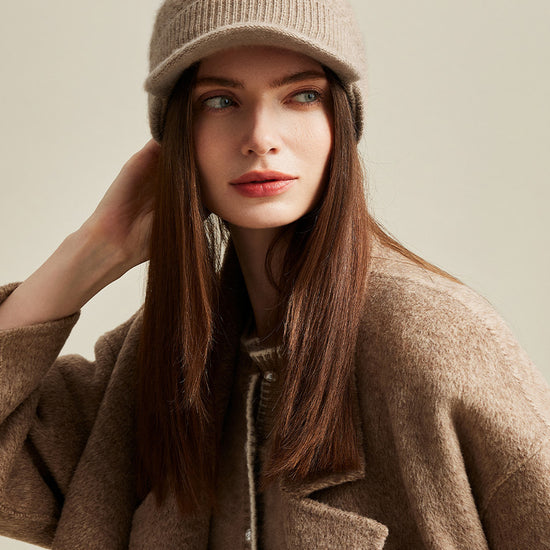 COMOBOCA Camel 100% Cashmere Women's Knit Newsboy Cap