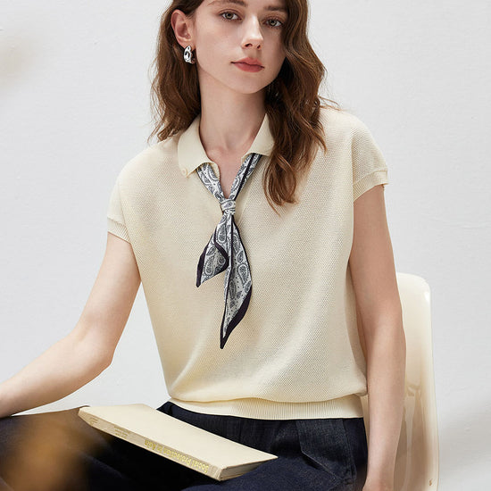 COMOBOCA Women's Paisley Scarf Polo Collar Waffle Knit T-Shirt