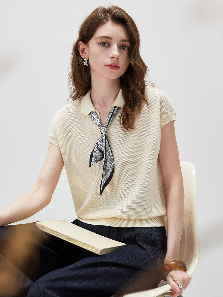 COMOBOCA Women's Paisley Scarf Polo Collar Waffle Knit T-Shirt