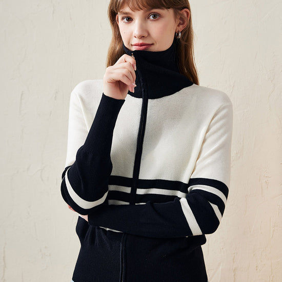 COMOBOCA 100% Wool Women's Striped Zip-Up Cardigan
