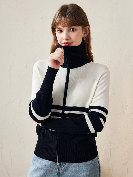 COMOBOCA 100% Wool Women's Striped Zip-Up Cardigan
