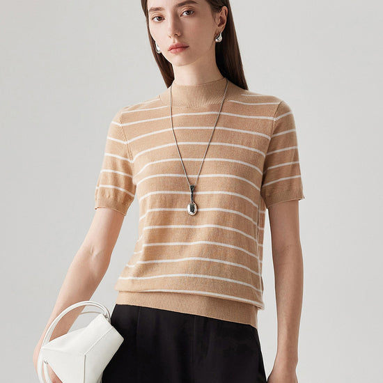 COMOBOCA Camel 100% Wool Women's Mock Neck Striped Ribbed T-Shirt