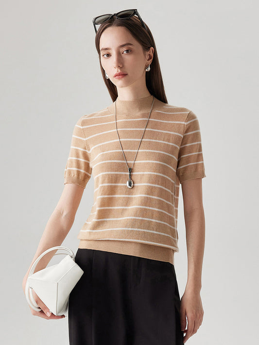 COMOBOCA Camel 100% Wool Women's Mock Neck Striped Ribbed T-Shirt
