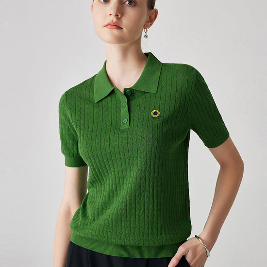 COMOBOCA Green Women's Classic Cotton Silk Polo Knit T-Shirt