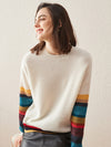 COMOBOCA XL White 100% Cashmere Women's Striped Round Neck Sweater