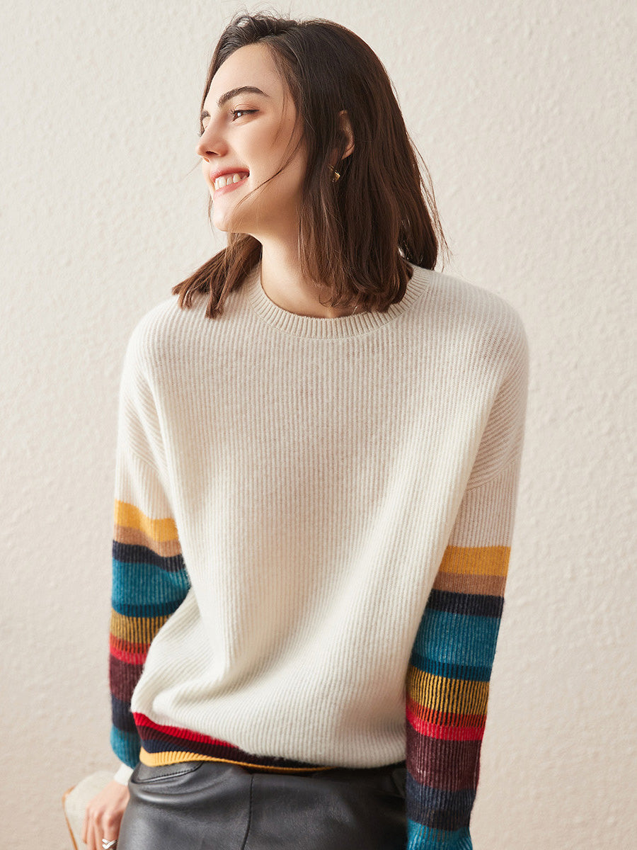 COMOBOCA XL White 100% Cashmere Women's Striped Round Neck Sweater