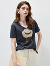 Women's mulberry Silk Knit Top with Patterned Jacquard & U-Neck