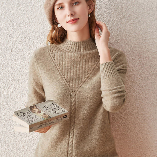 COMOBOCA 100% Cashmere Mock Neck Ribbed Knit Sweater
