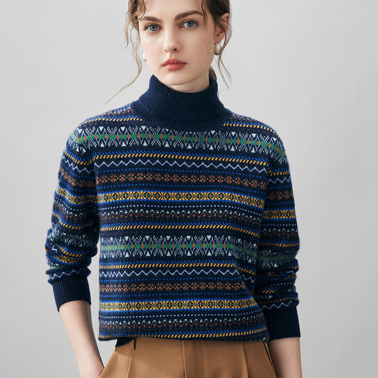COMOBOCA Fair Isle 100% Cashmere Women's Fair Isle Turtleneck Sweater