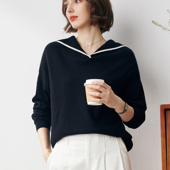COMOBOCA Black 100% Cashmere Women's Sailor Collar Sweater