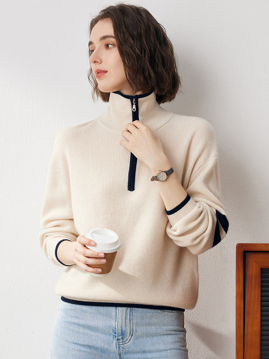 COMOBOCA 100% Cashmere Women's Contrast Trim Zip Sweater